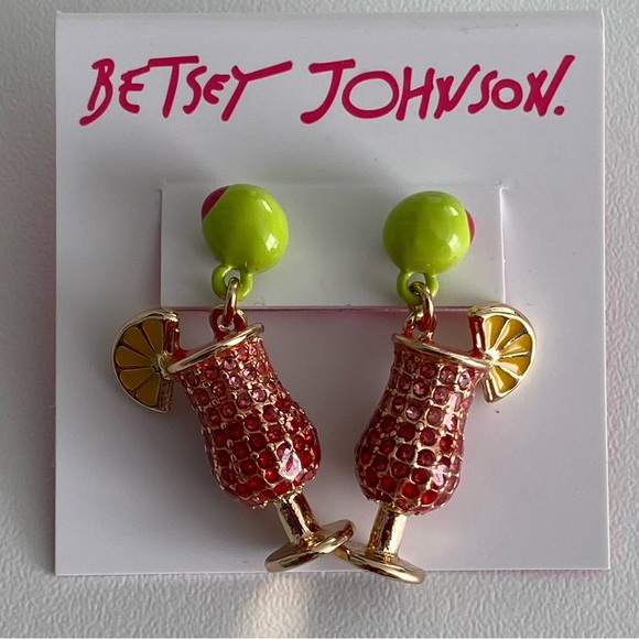 Betsey Johnson Pink Cocktail Glass Rhinestone Earrings NWT - Picture 1 of 3